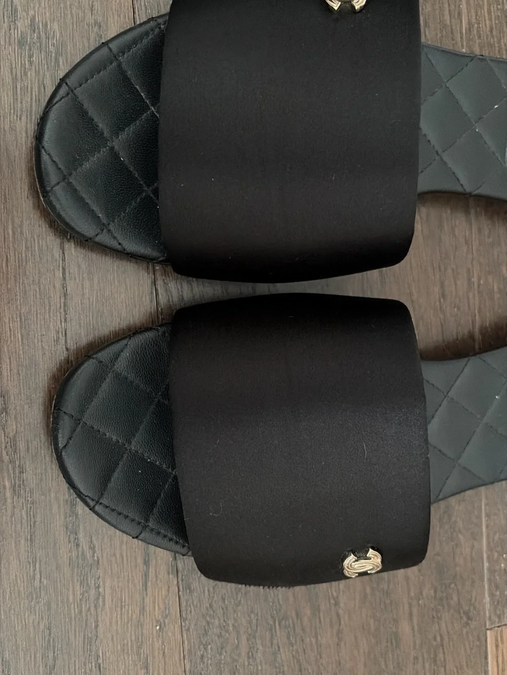 CHANEL Black Satin Quilted Slide Sandals with Gold CC Emblem